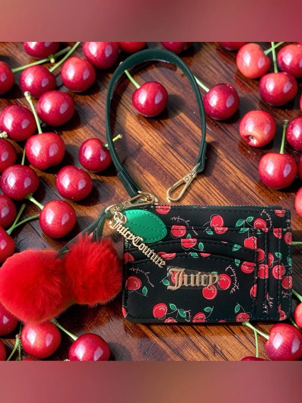 Juicy Couture Black Cherry Print Cardholder with Red Pom Pom Charm 🍒
